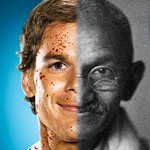 viso per metà di Dexter per metà di Gandhi